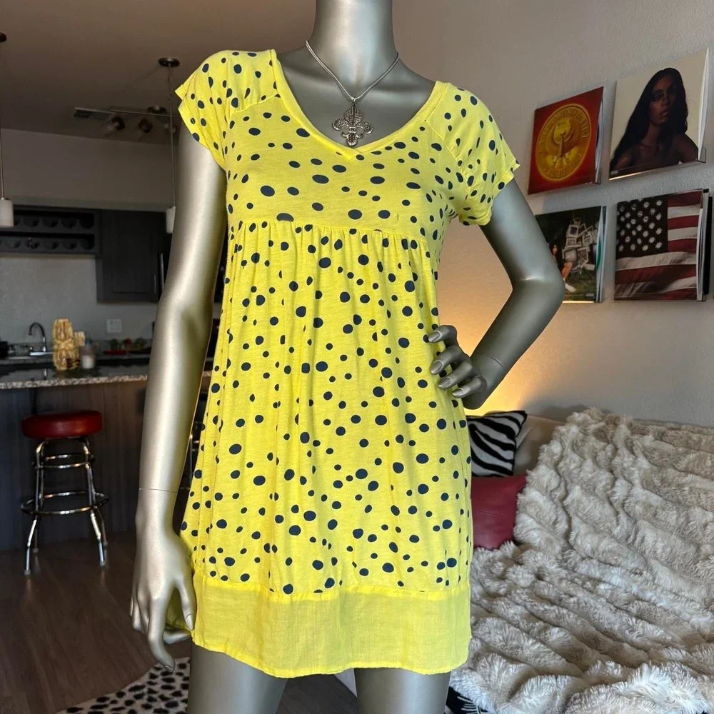 Y2K Yellow Polka Dot Babydoll Mini Dress Top Splendid 🍒